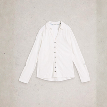 Load image into Gallery viewer, White shirt with black buttons on a light gray background
