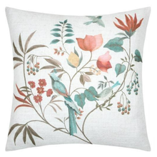 Load image into Gallery viewer, A square throw pillow featuring a botanical and avian print on a textured off-white linen background. The design includes teal and blue-green birds, coral and peach flowers, and green and brown leaves.
