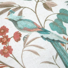 Load image into Gallery viewer, A close-up of a printed fabric featuring a turquoise and pink bird perched among red flowers and brown leaves on an off-white background.
