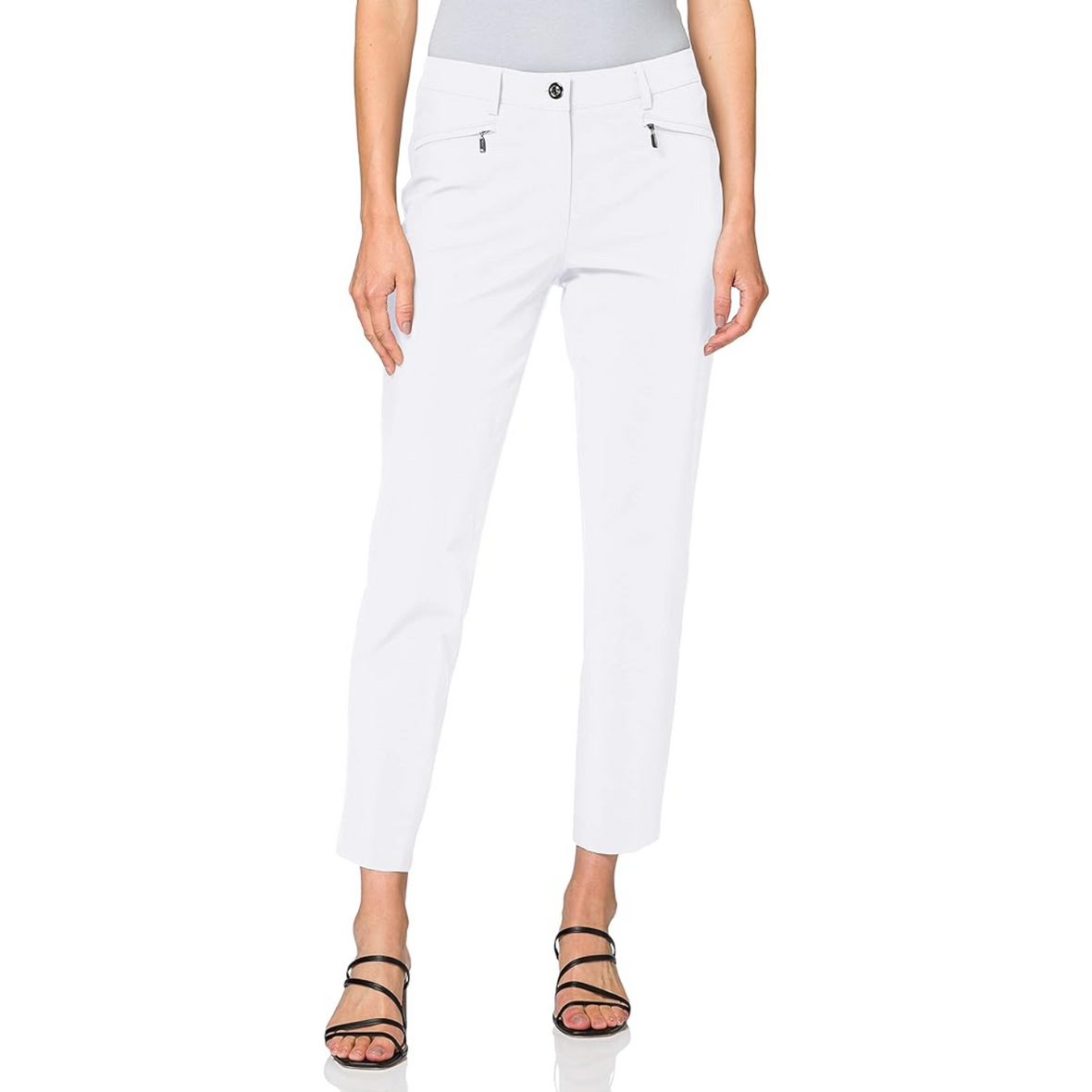 Front facing image of a model wearing white gardeur dina2 trousers with two  side zips
