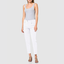 Load image into Gallery viewer, Model wearing a pair of cigarette style white gardeur trousers, front facing
