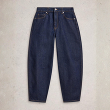 Load image into Gallery viewer, Pair of dark blue jeans on a light gray background
