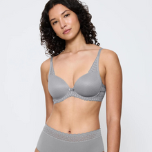Load image into Gallery viewer, Woman wearing a gray bra and underwear set on a white background
