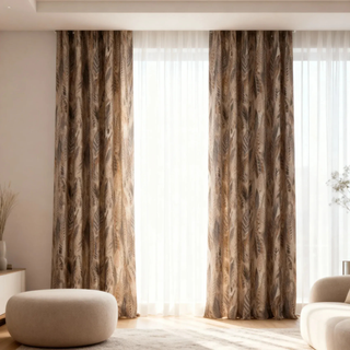 Brown striped curtains in a room with a light interior design.