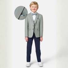 Load image into Gallery viewer, Young boy in a gray suit with a white shirt and blue bow tie on a light gray background.

