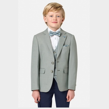 Load image into Gallery viewer, Young boy wearing a gray blazer, white shirt, and blue bow tie on a light gray background
