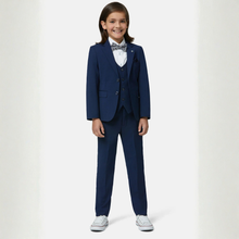 Load image into Gallery viewer, Child wearing a navy blue suit with a white shirt and bow tie on a light gray background
