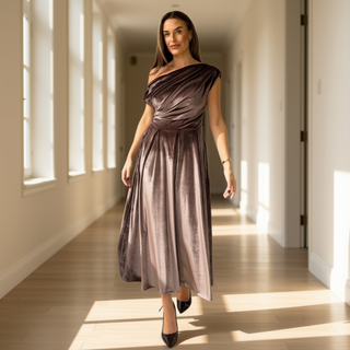 A woman walks down a sunlit hallway wearing a draped, one-shoulder satin maxi dress in a muted taupe-brown color, paired with black pointed-toe heels.
