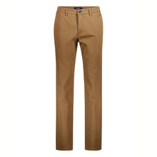Load image into Gallery viewer, A pair of men's slim-fit chino pants in a warm tan or camel brown color, shown flat against a solid white background.

