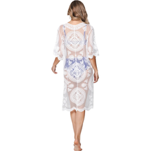 Load image into Gallery viewer, Back view of Model  wearing Pastunette Beach Cover Up, in white.
