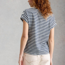 Load image into Gallery viewer, Person wearing a blue and white striped shirt against a gray background
