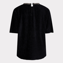 Load image into Gallery viewer, Back view of Esqualo Woman's Velour Top in black, with neck detail around collar.
