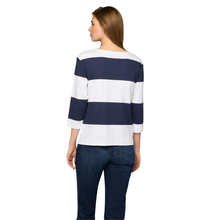 Load image into Gallery viewer, Back view of model wearing Rabe 3/4 Sleeve Navy &amp; White Top
