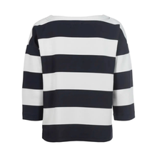 Load image into Gallery viewer, Navy and white striped sweater on a white background
