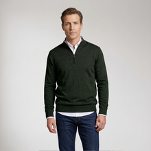 Load image into Gallery viewer, A man wearing a dark green quarter-zip sweater over a white collared shirt and blue jeans, standing against a light gray studio background.
