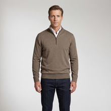 Load image into Gallery viewer, A man wearing a taupe brown quarter-zip sweater over a white collared shirt and dark blue jeans, standing against a light gray studio background.
