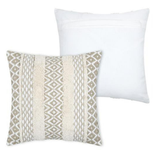 Load image into Gallery viewer, Two square throw pillows on a white background, with one in front featuring a cream and taupe geometric woven pattern and one behind in solid white.
