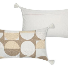 Load image into Gallery viewer, Two decorative throw pillows on a white background: a larger square off-white pillow in the back with a tassel corner, and a rectangular lumbar pillow in front with a cream, beige, and taupe geometric pattern and matching tassels.
