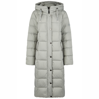 Long gray puffer coat with a hood on a white background