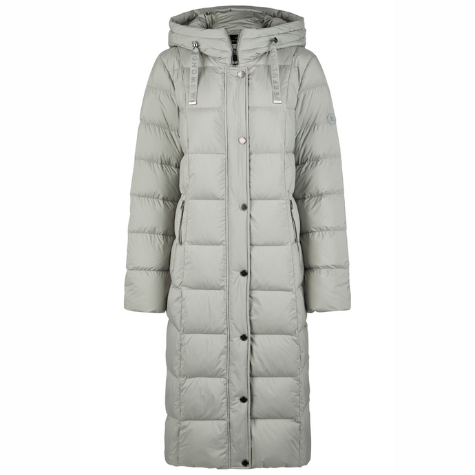 Long gray puffer coat with a hood on a white background