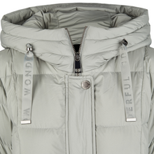 Load image into Gallery viewer, Light gray puffer jacket with hood and &#39;WONDERFUL&#39; straps on a white background
