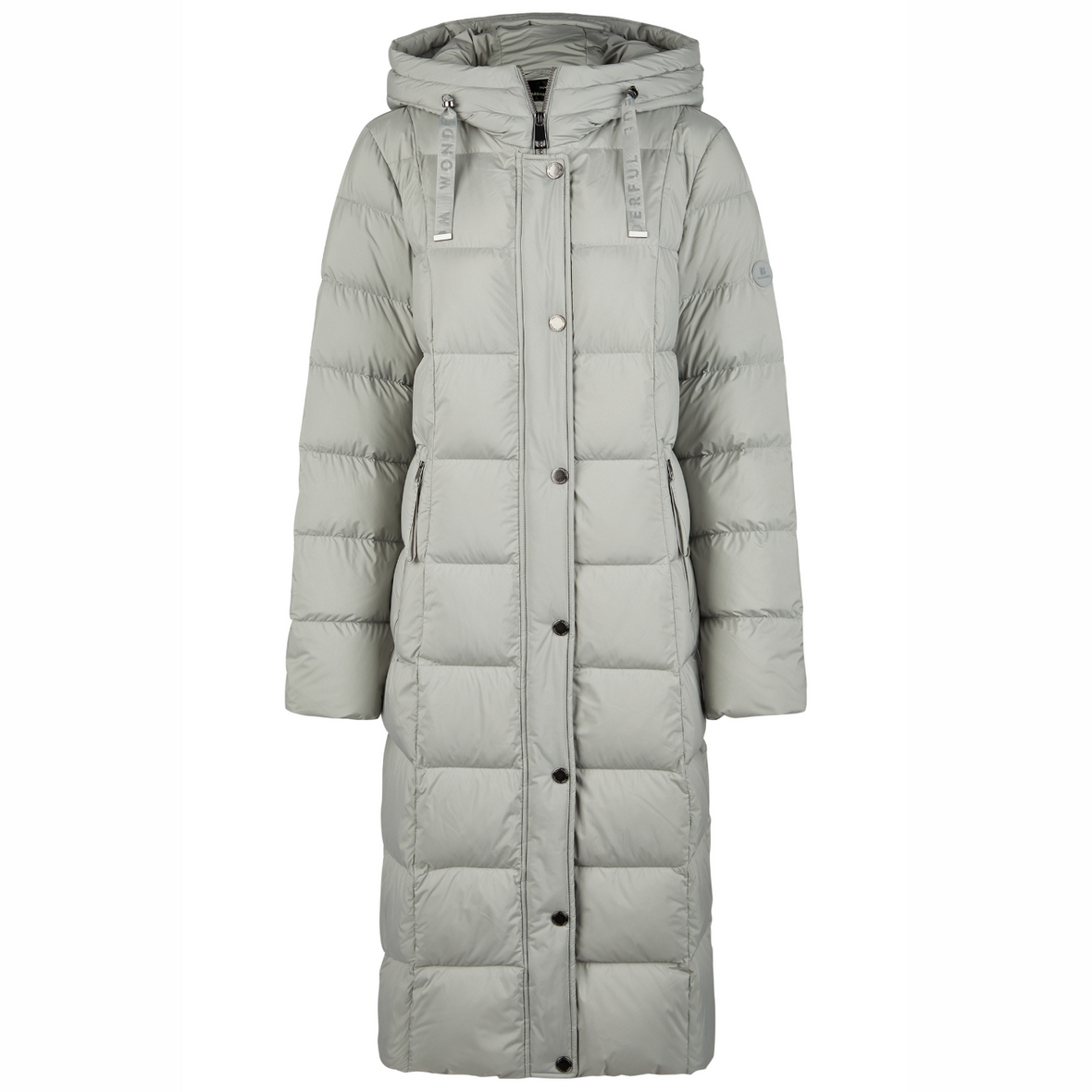 Long gray puffer coat with a hood on a white background