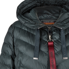 Load image into Gallery viewer, Green puffer jacket with a red strap and visible brand logo on a white background
