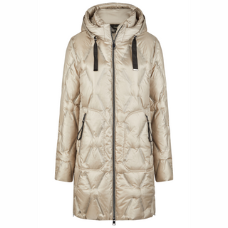 Beige quilted jacket with a hood on a white background