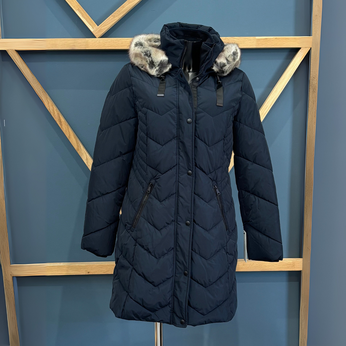 Navy Puff coat on Mannequin with hood on geometric background