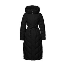 Load image into Gallery viewer, A black hooded puffer coat with a self-tie belt, shown on a plain white background.
