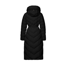 Load image into Gallery viewer, A black hooded puffer coat with a belted waist, shown from the back on a plain white background.
