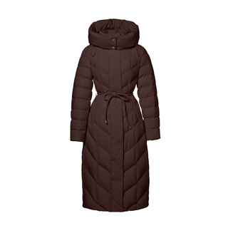 A brown hooded puffer coat with a self-tie belt, shown on a plain white background.