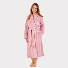 Load image into Gallery viewer, Full-length image of a woman wearing the Slenderella Wrap Dressing Gown, showcasing its elegant wrap design, soft fabric, and comfortable fit. The model stands in a relaxed pose.
