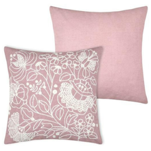 Load image into Gallery viewer, Two square throw pillows in dusty pink fabric, with one pillow featuring a white floral and bird embroidery pattern and the other showing the plain back.
