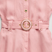 Load image into Gallery viewer, Pink dress with a gold belt buckle on a light gray background
