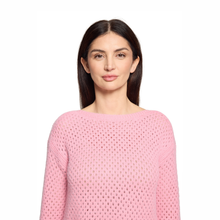 Load image into Gallery viewer, Closer shot of Model wearing Betty Barclay Boat Neck Jumper in Sea Pink, with a white background.
