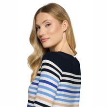 Load image into Gallery viewer, Close up shot of model wearing Betty Barclay 3/4 sleeve Stripy Top, with a white background.
