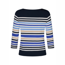 Load image into Gallery viewer, back view shot of model wearing Betty Barclay 3/4 sleeve Stripy Top, with a white background.
