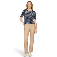 Load image into Gallery viewer, Full view of model wearing Betty Barclay Dark Blue-Cream 1/2 sleeve Top, with a white background.
