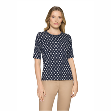 Load image into Gallery viewer, Close view of model wearing Betty Barclay Dark Blue-Cream 1/2 sleeve Top, with a white background.
