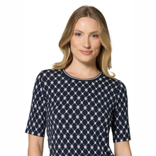 Load image into Gallery viewer, Close up view of model wearing Betty Barclay Dark Blue-Cream 1/2 sleeve Top, with a white background.
