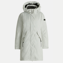 Load image into Gallery viewer, Light gray winter coat with a hood on a white background
