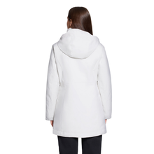 Load image into Gallery viewer, A woman viewed from the back wearing a white hooded jacket and dark pants against a plain white background.
