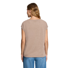 Load image into Gallery viewer, A woman shown from the back wearing a short-sleeve, crew-neck top in a heathered taupe-beige color, paired with blue jeans, against a plain white background.
