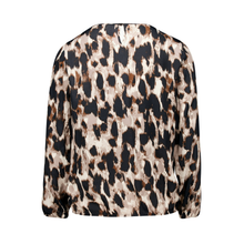 Load image into Gallery viewer, A long-sleeve blouse with a leopard print pattern in beige, brown, and black, shown from the back on a white background.
