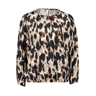 A long-sleeve crewneck blouse with an abstract leopard print pattern in beige, brown, and black, shown against a plain white background.