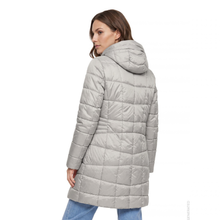 Load image into Gallery viewer, A woman wearing a light gray hooded puffer coat, shown from the back against a plain white background.
