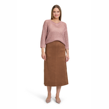 Load image into Gallery viewer, Woman wearing a pink sweater and brown skirt on a white background
