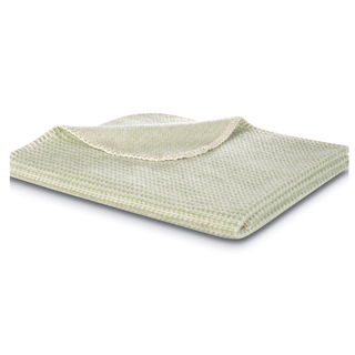 A folded textured blanket in a light sage green and cream color, shown on a clean white background.