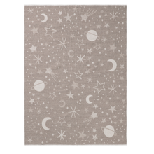 Load image into Gallery viewer, A rectangular area rug with a celestial pattern featuring stars, crescent moons, and planets in off-white on a warm taupe-brown background.
